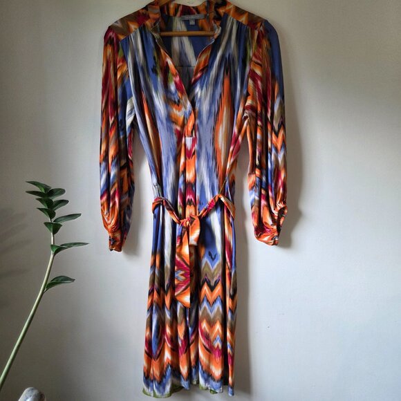 EUC NY COLLECTION 70s STYLE LONGSLEEVES V NECK SHORT BELTED DRESS SZ M - Picture 1 of 16